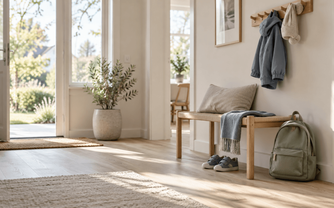 Barnkläder, ryggsäck och skor i en ljus hall.